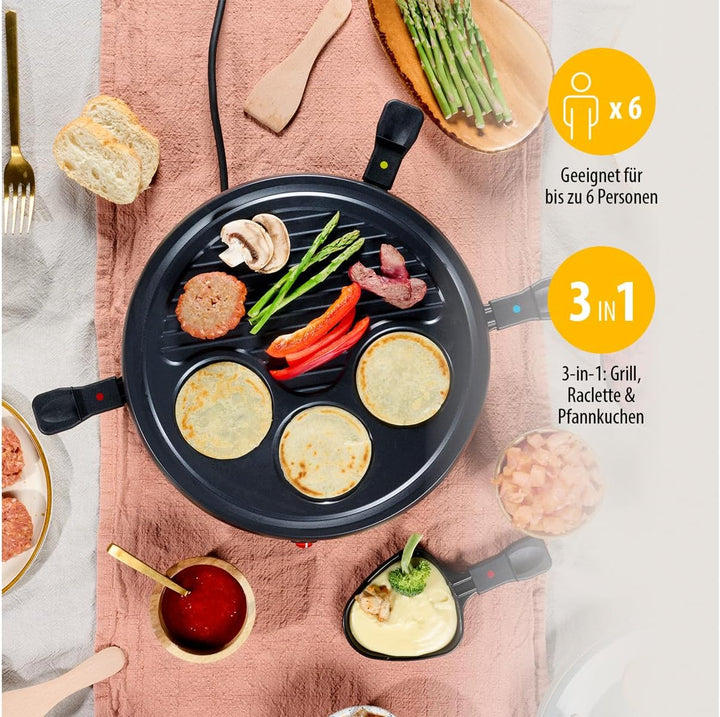 Raclette & Grill Set mit integrierter Crêpefläche, geeignet für 6 Personen inklusive Teppan Gabeln,