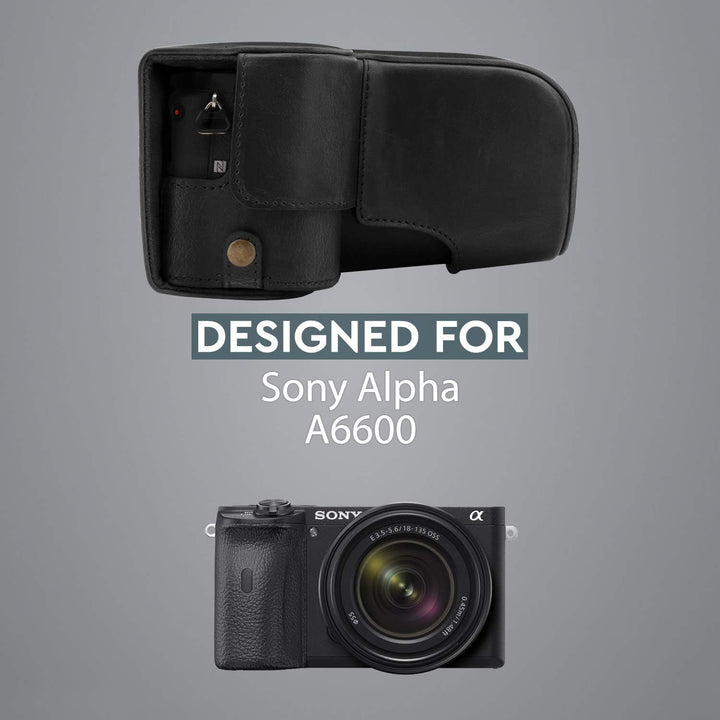 MegaGear MG1804 Ever Ready Kameratasche aus Leder, kompatibel mit Sony Alpha A6600 (18-135 mm), Schw
