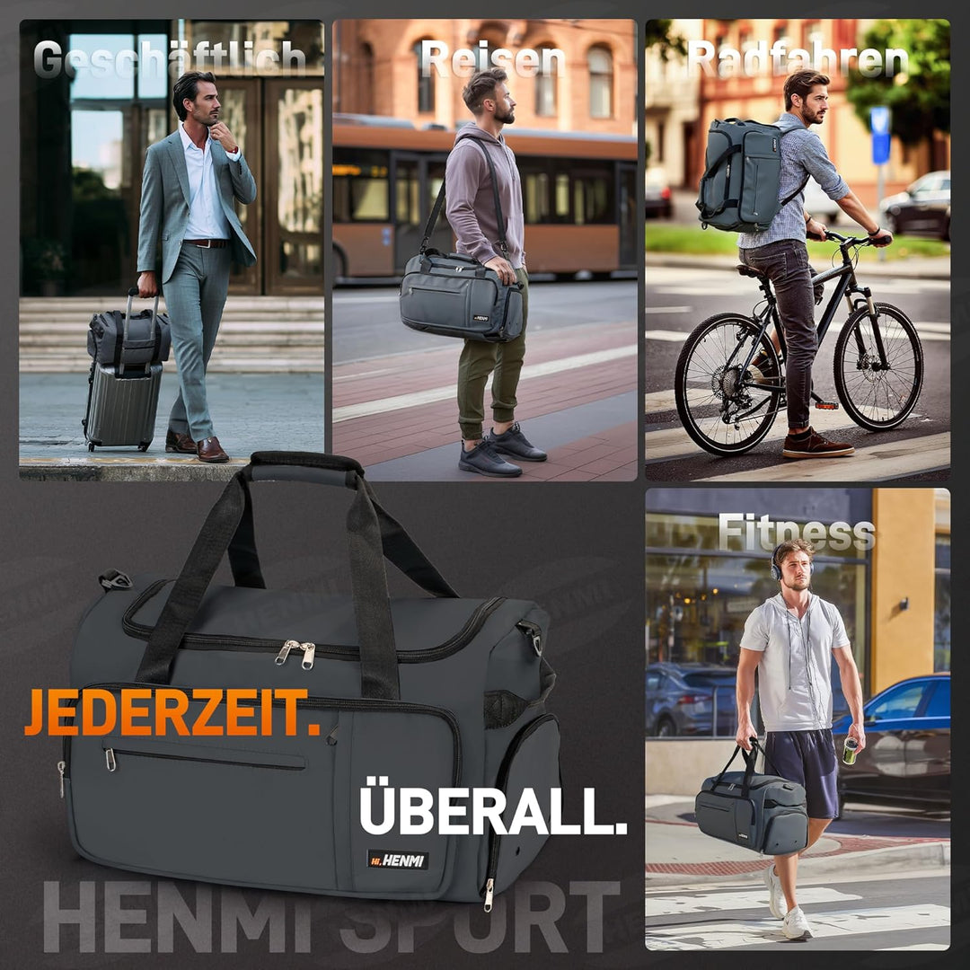 HENMI Sporttasche &amp; Reisetasche für Herren und Damen, 43L Gross gymbag mit Schuhfach und Nassfach, F