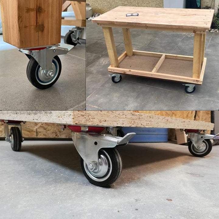 Schwerlastrollen 125mm mit Bremse, 4 Stück Transportrollen Lenkrollen bis 400kg, Gummi Möbelrollen 3