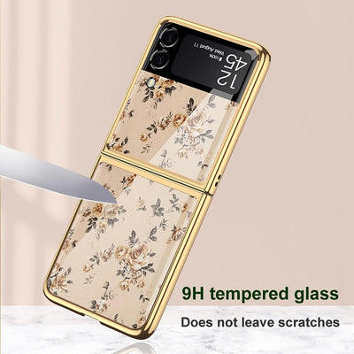 COQUE Galaxy Z Flip 3 5G Hülle,9H gehärtetes Glas Glänzend farbige Blumen Handyhülle, klappbare Hand