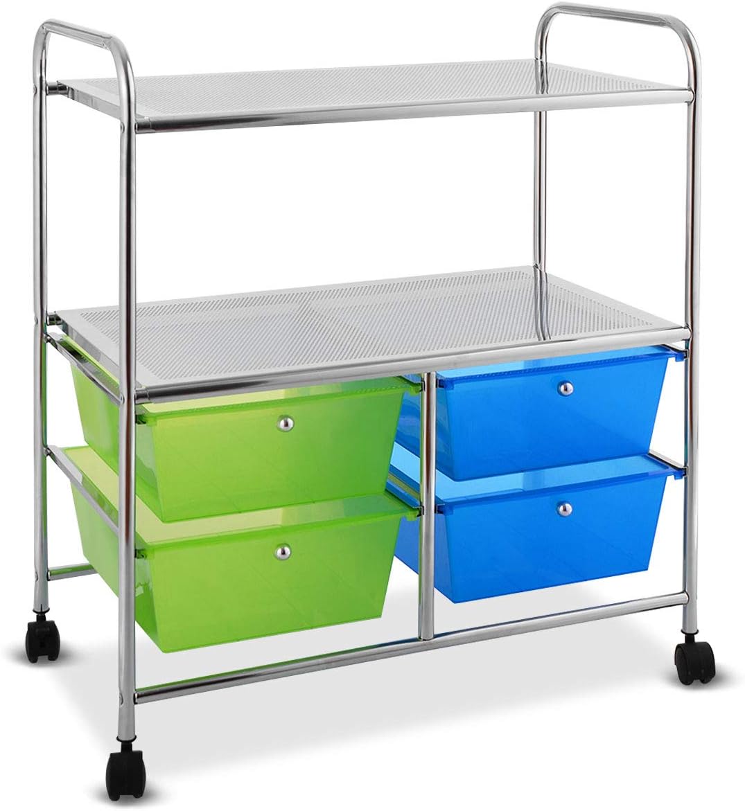 COSTWAY Rollwagen mit 4 stapelbaren Schubladen, Schubladenwagen Rollcontainer mit Metallgestell und