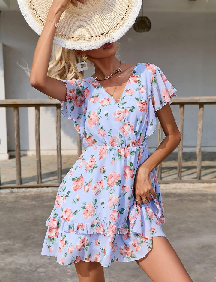 KOJOOIN Damen Sommerkleider Kurzarm Elegant V-Ausschnitt Boho Kleid Chiffon Blumenkleid Mini Kleid R