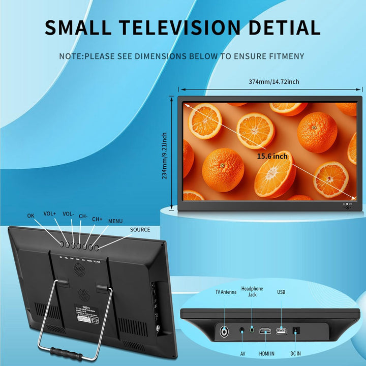 KCR Tragbarer Digitalfernseher, 12 V DVB-T2 TV, HDMI/AV/USB-Eingänge, Fernbedienung, 12 V Kfz-Ladege