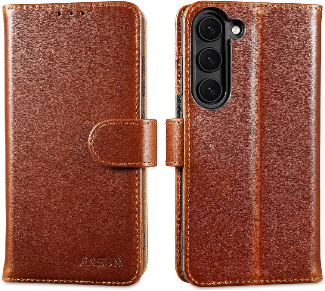 LENSUN Echtleder Hülle für Samsung Galaxy S23, Handyhülle [Echtes Leder] [Magnetverschluss] [RFID Sc