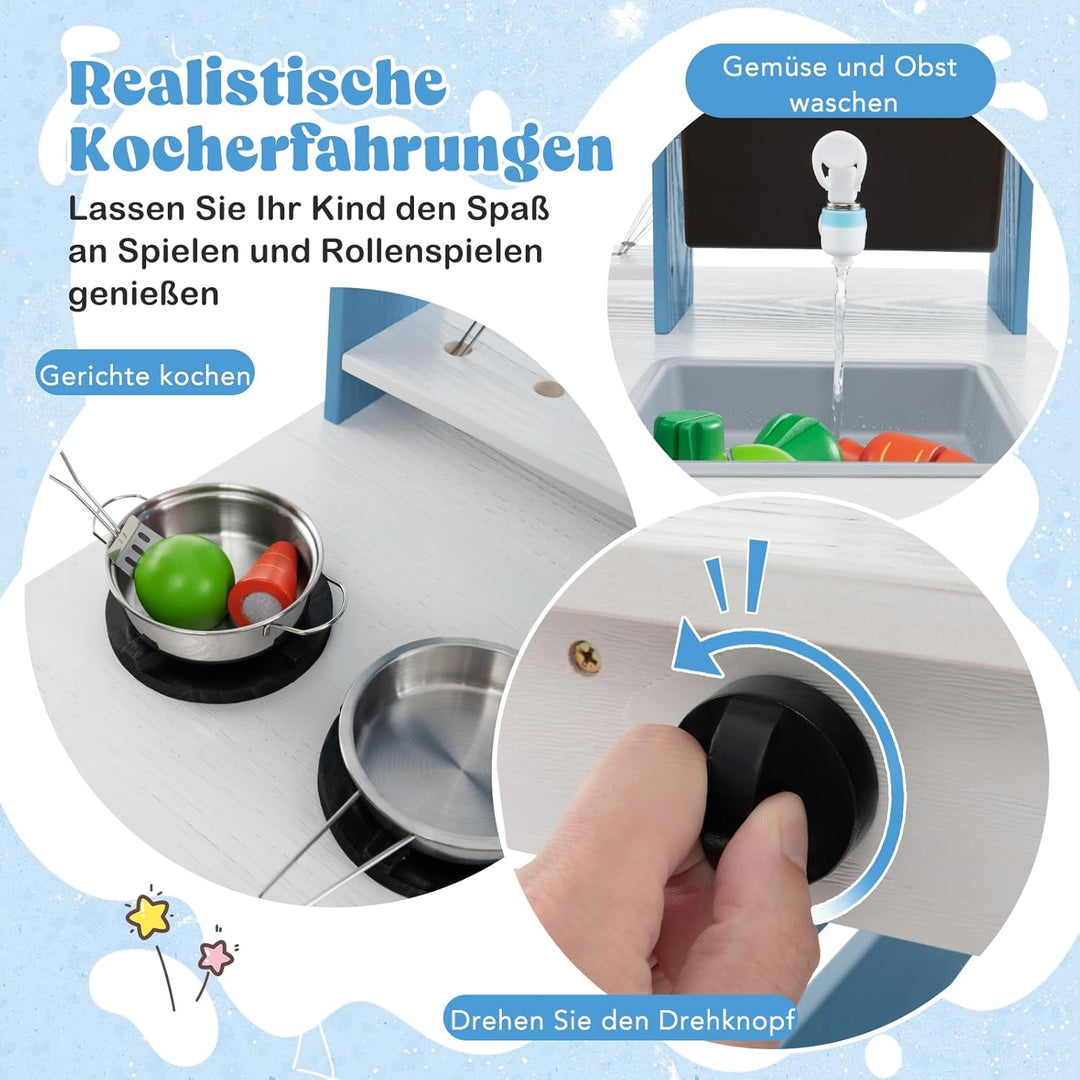 DREAMADE Matschküche Kinder Outdoor, Kinderküche aus Tannenholz mit Dach, Wassertank, Wasserhahn, Sp