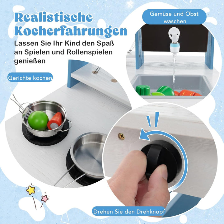 DREAMADE Matschküche Kinder Outdoor, Kinderküche aus Tannenholz mit Dach, Wassertank, Wasserhahn, Sp
