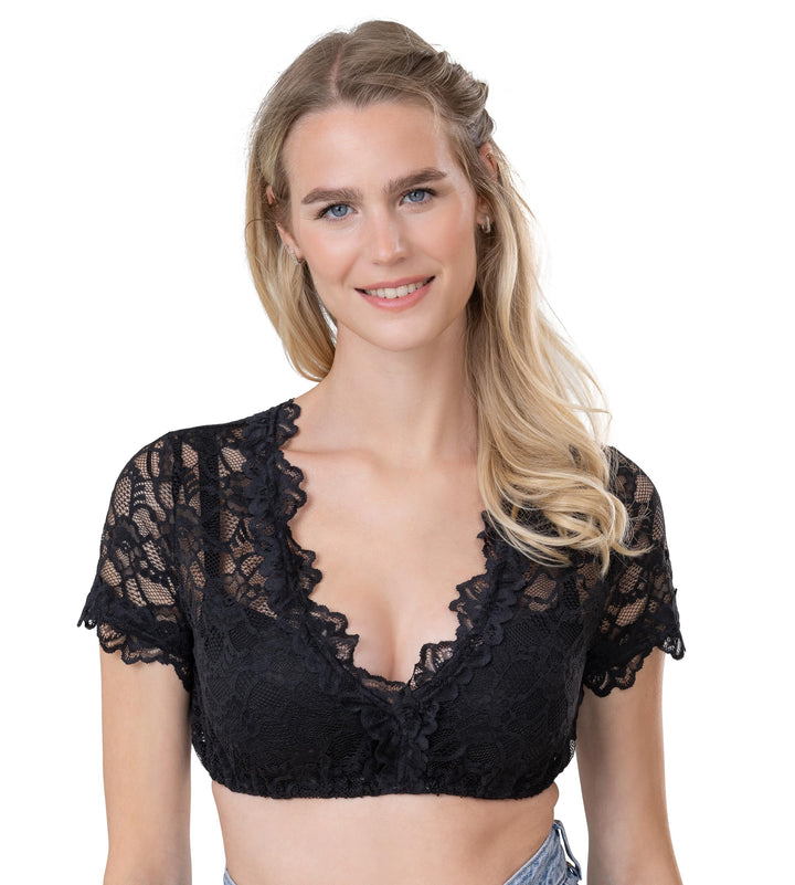 Damen Dirndlbluse aus Spitze Kurzarm schwarz - Elegante Stretch Dirndl Bluse Teil-transparent Thea 3