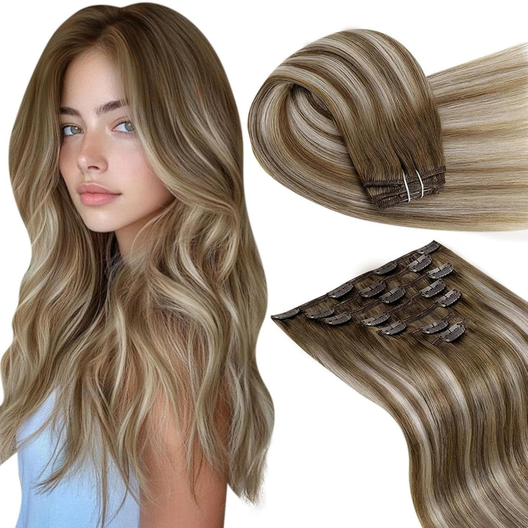 LaaVoo Echthaar Clip in Extensions Blond Balayage Haarverlängerung Echthaar Clip in Doppelt Tressen