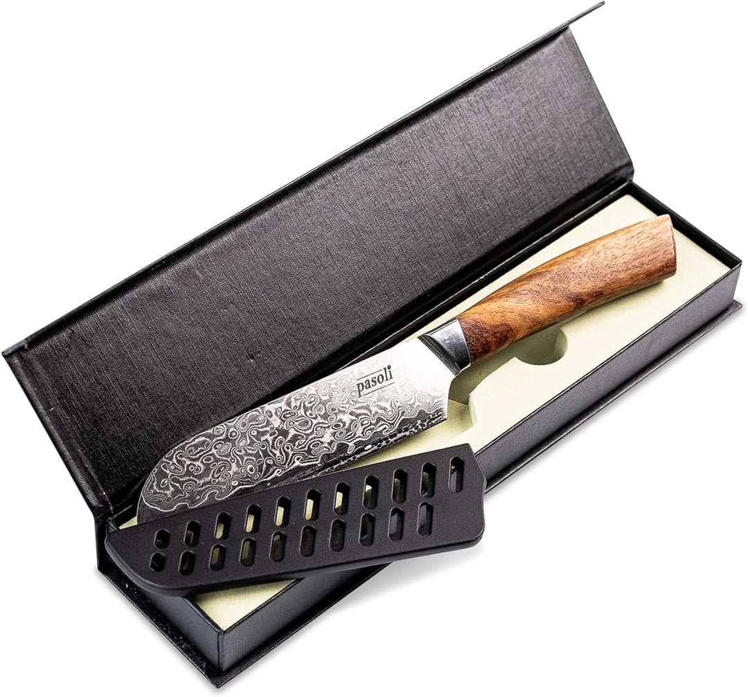 pasoli Damast Santoku-Messer inkl. Klingenschutz | 67-lagiger VG-10 Damaszener-Stahl | scharfe 13 cm