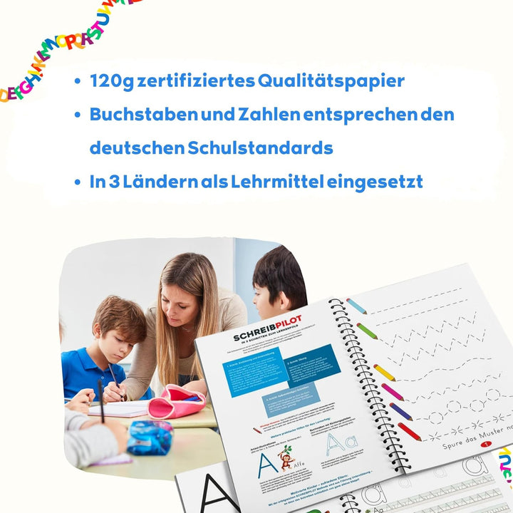 SCHREIBPILOT 3er Set Schreiblernhefte für ABC-Schützen mit vorgeprägten Buchstaben, Zahlen und Wörte
