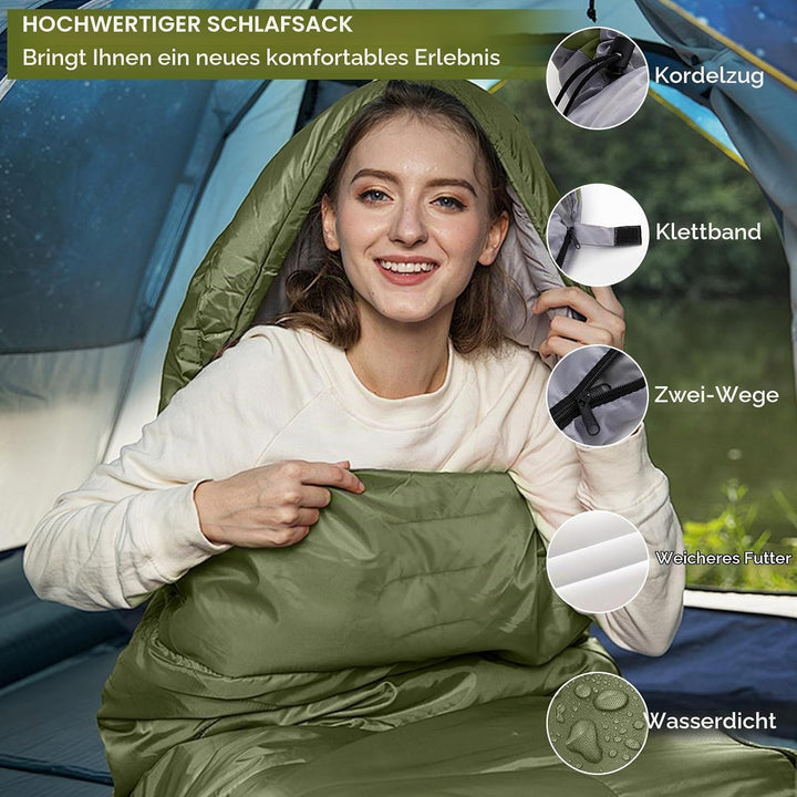Grüner 220x85cm Wasserdichter Schlafsack mit Kompressionsbeutel, 3 Jahreszeiten Schlafsack 1.6kg, Tr