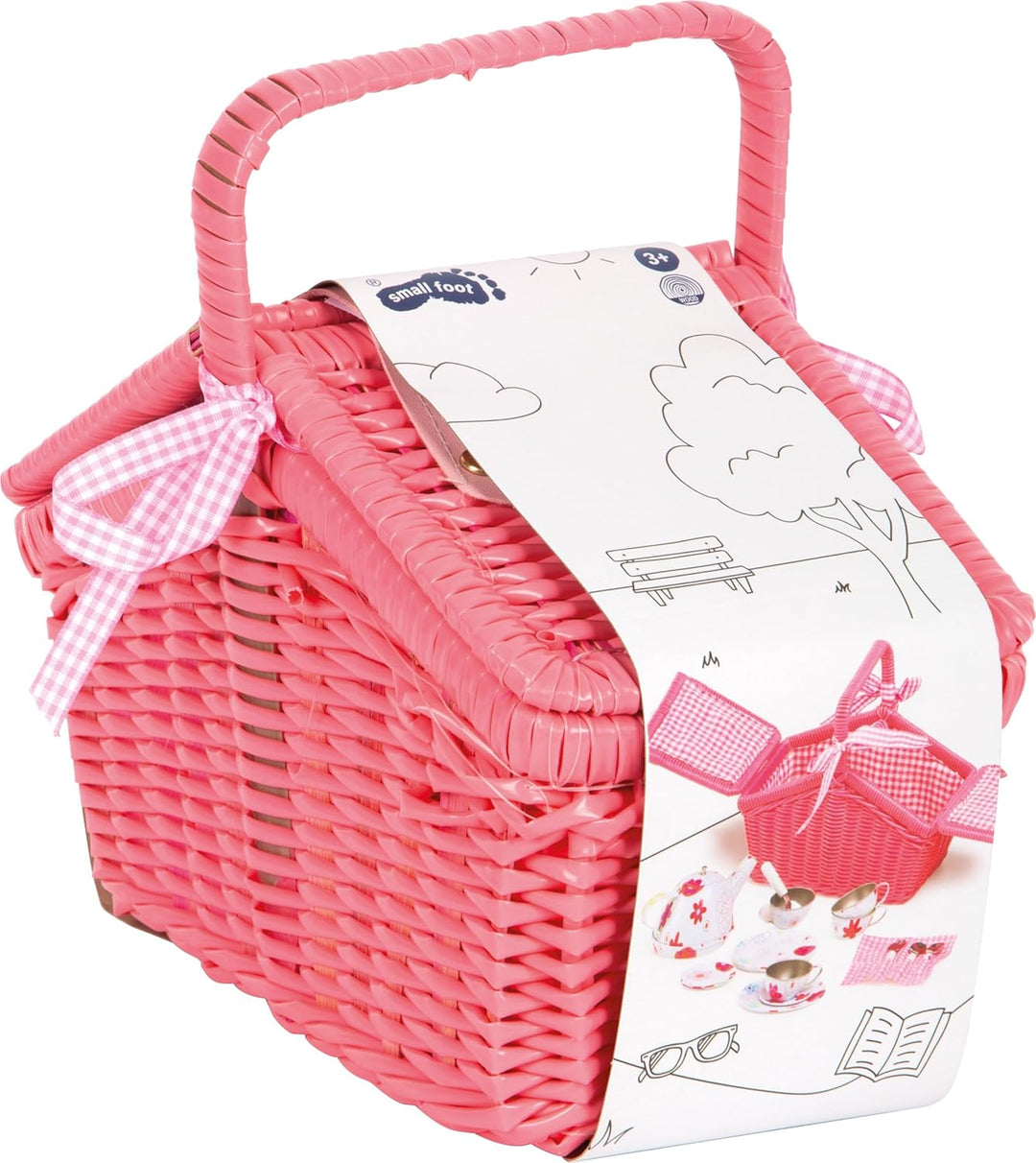 small foot Picknickkorb "Bunte Blumen" aus Rattan in Pink, mit Blechgeschirr in Blumenmuster, 20-tlg