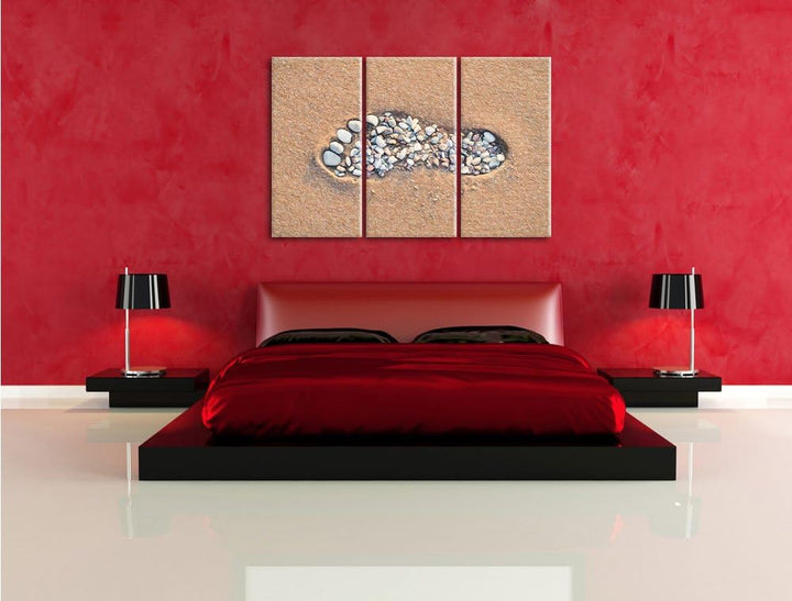 Pixxprint Fussabdruck im Sand Bunstift Effekt 3-Teiler Leinwandbild 120x80 Bild auf Leinwand