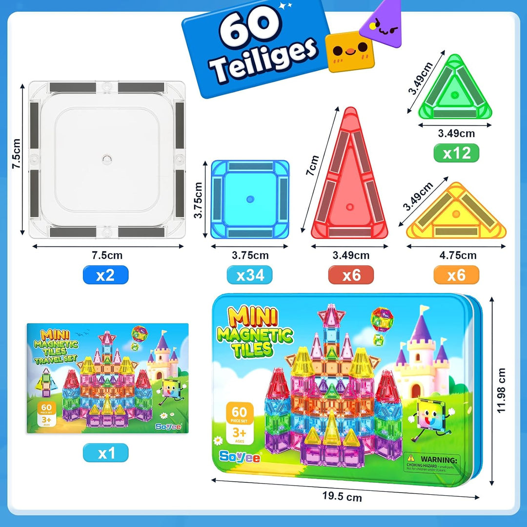 Mini Magnetische Bausteine Reiseset 60PCS mit Metallbox, STEM Lernspielzeug | Tragbares Reisespielze