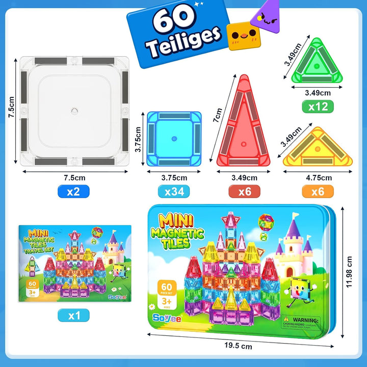 Mini Magnetische Bausteine Reiseset 60PCS mit Metallbox, STEM Lernspielzeug | Tragbares Reisespielze