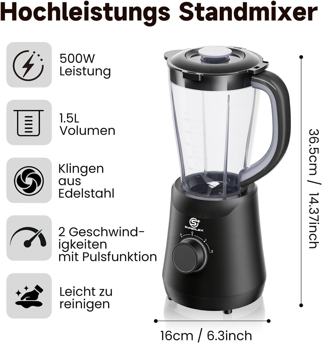 Standmixer 500W Smoothie Maker, 1,5L Mixer mit 2 Geschwindigkeiten | Pulsfunktion, Edelstahlklingen