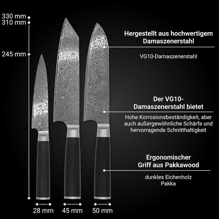 FIVI Damastmesser Set 3-teilig AKIRA, YUNO, SANJI | Profi Küchenmesser Set aus VG10 Damaszenerstahl