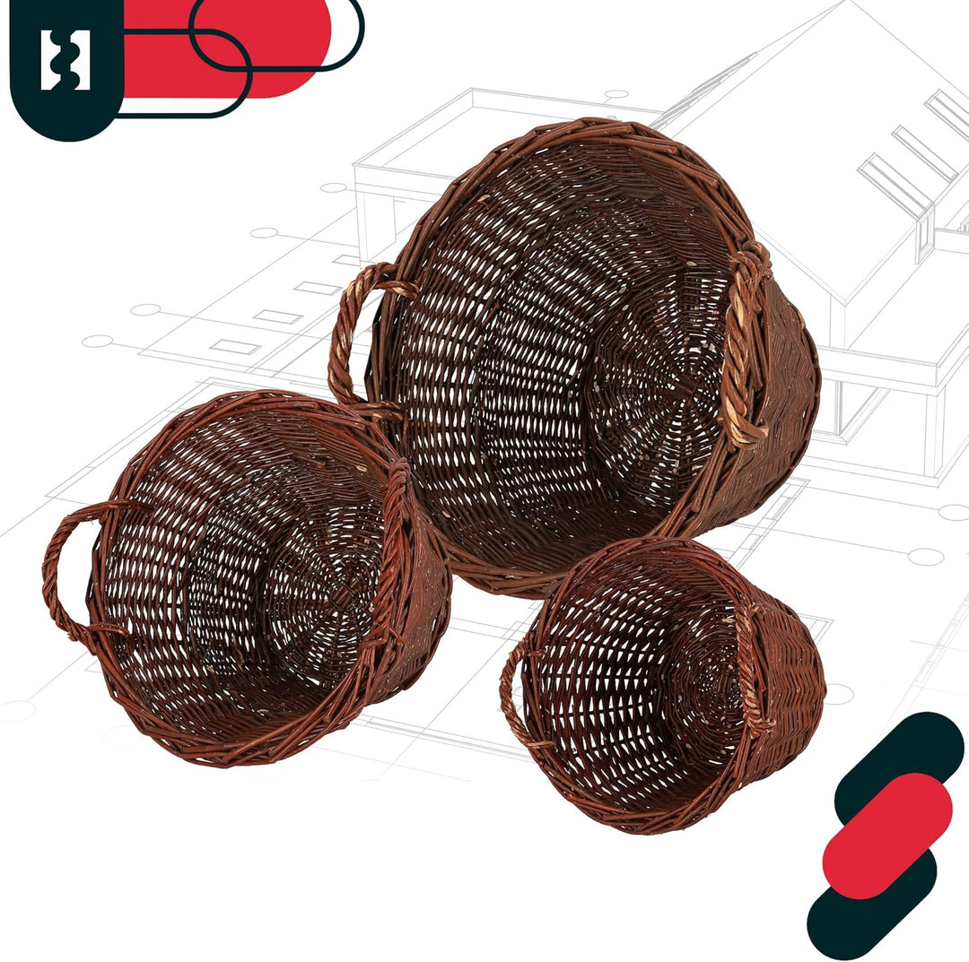KOTARBAU® 3er Set Weidenkorb mit Griffen - ø 30 cm/ø 40 cm/ø 50 cm - Blumen Korb - Aufbewahrung von