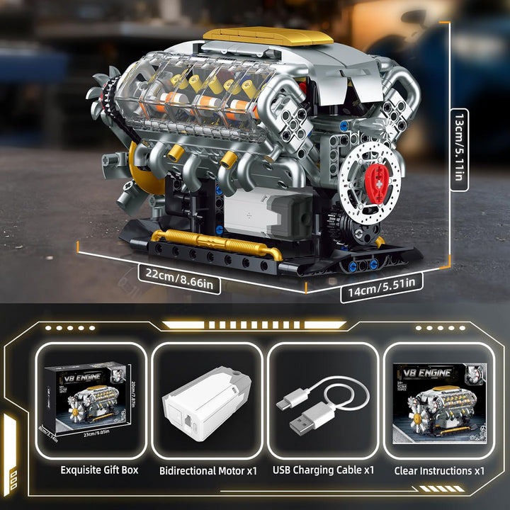 QLT QIAOLETONG Ideas V8-Motor-Bausatz für Erwachsene, Bauen Sie Ihr eigenes MOC-Mini-V8-Motor-Modell