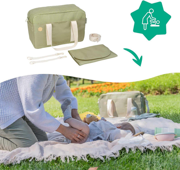 Badabulle Wickeltasche Bowling Olive - Kinderwagentasche inklusive Wickelauflage, Olive