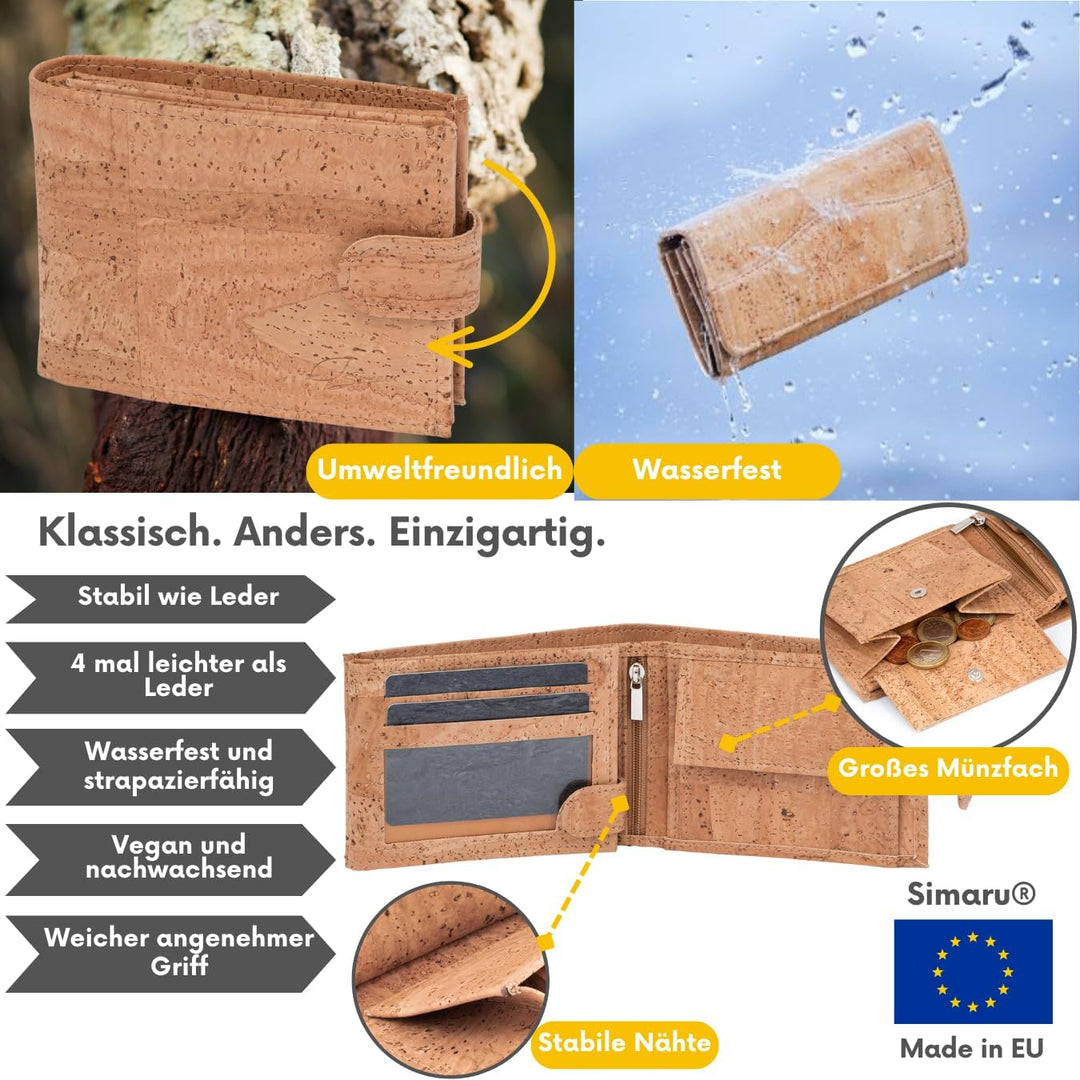 Simaru Kork Geldbeutel, Unisex Geldbörse mit RFID-Schutz, Portemonnaie für 11+Cards, Scheine & Münze