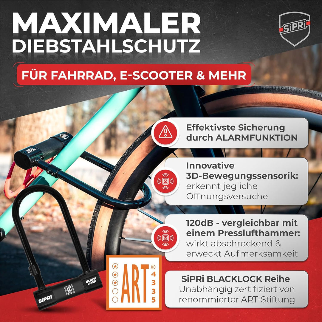 SIPRI® Fahrradschloss mit Alarm 120 dB | Gehärtetes Bügelschloss für E-Bike | E-Scooter & Motorrad |