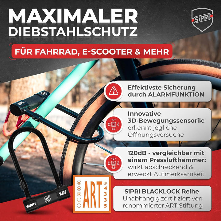 SIPRI® Fahrradschloss mit Alarm 120 dB | Gehärtetes Bügelschloss für E-Bike | E-Scooter & Motorrad |