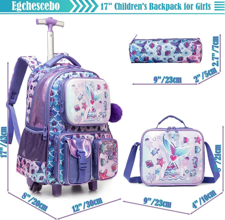 Egchescebo Kinder Rolling Rucksack für Mädchen Fischschwanz Koffer Trolley Roller Gepäck Rucksäcke a