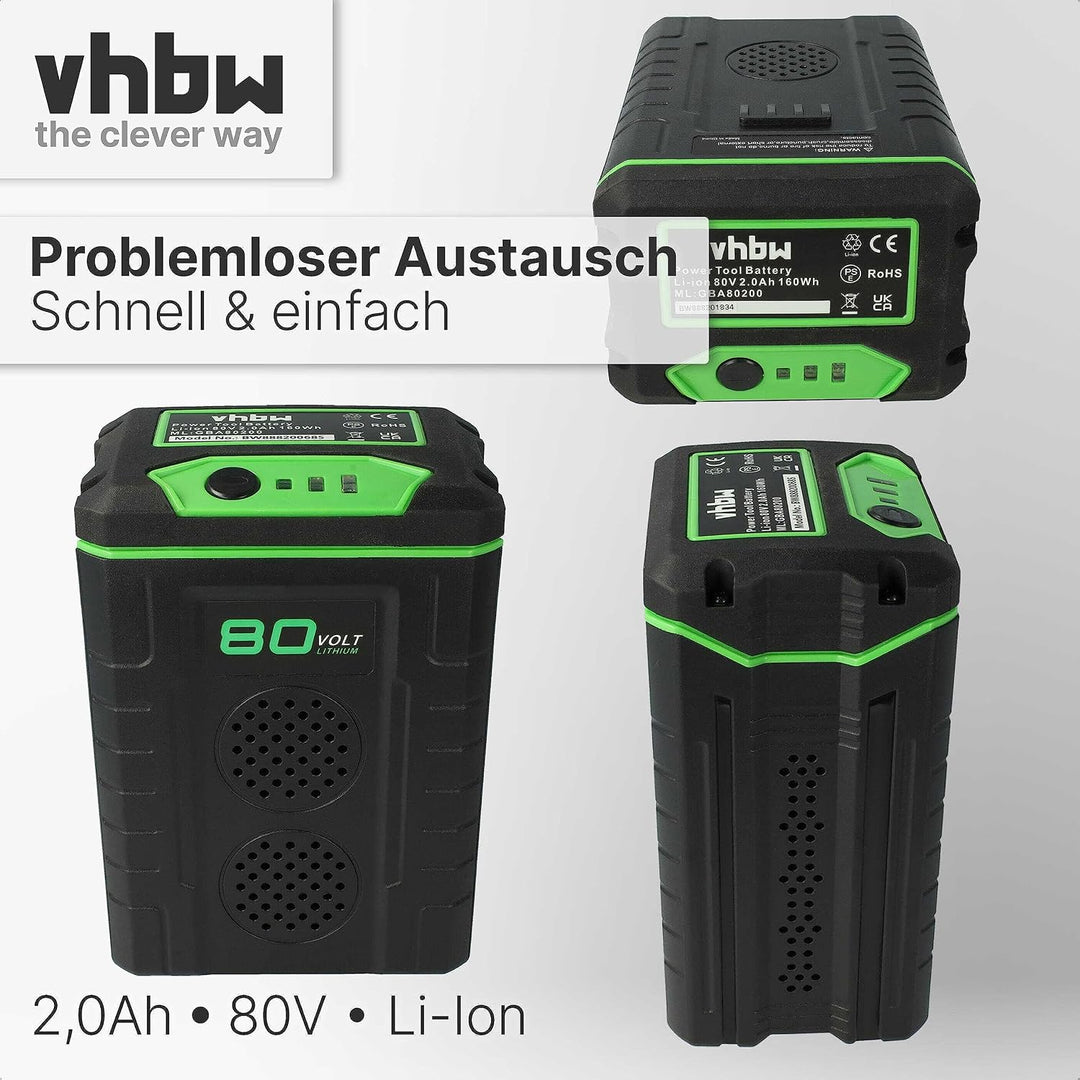 vhbw Akku kompatibel mit Greenworks GD80LM46SP, GD80LM51SP, GD80LM53, GD80SB, GD80ST (2000mAh, 80V,