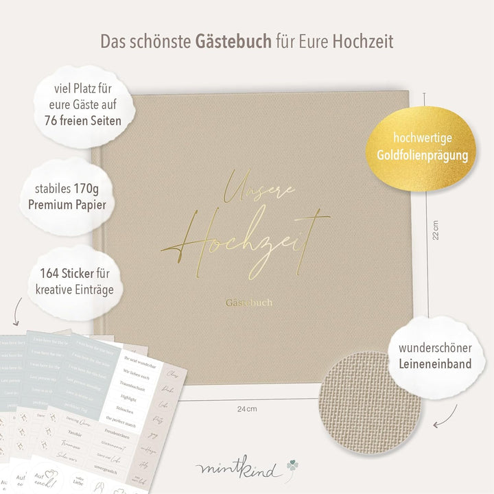 mintkind® Gästebuch Hochzeit zum Ausfüllen Beige inkl. 4 Stickerbögen | 84 Seiten zum kreativen Gest