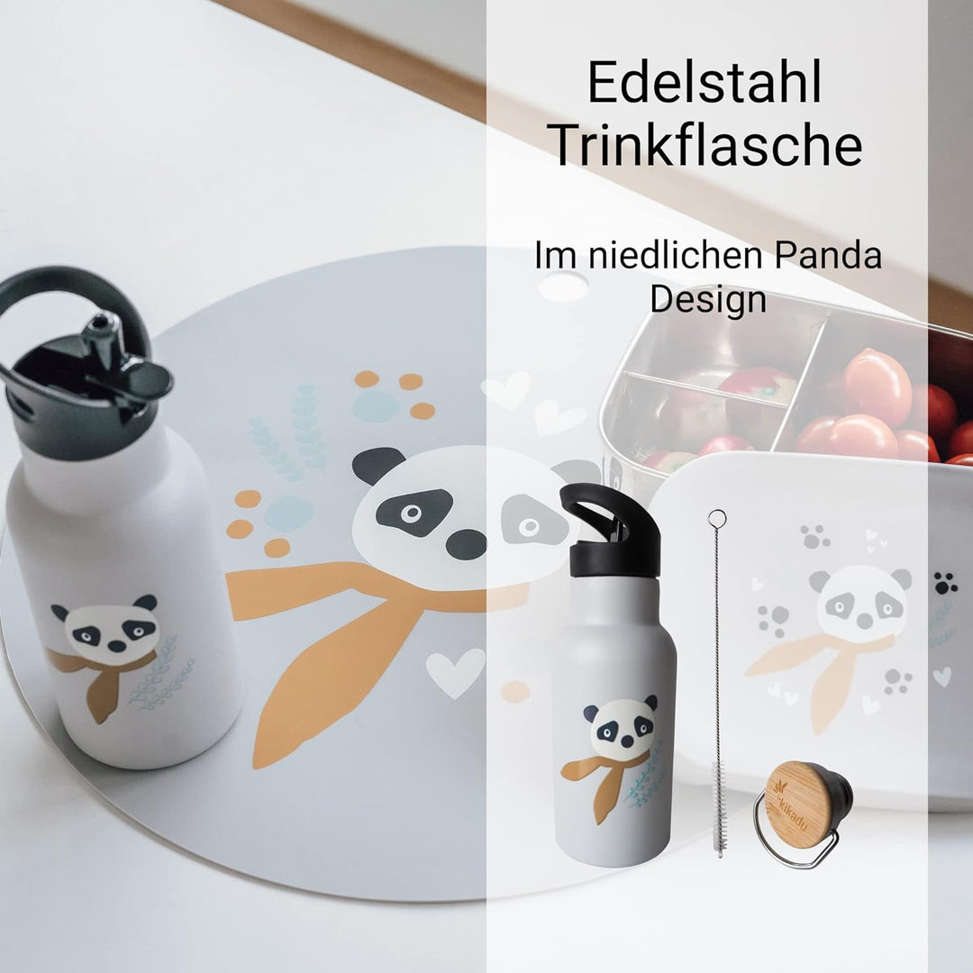 kikadu Trinkflasche Panda Silber Grau - Kindergeschirr, BPA-frei, mit niedlichen Aufdrucken, Fassung