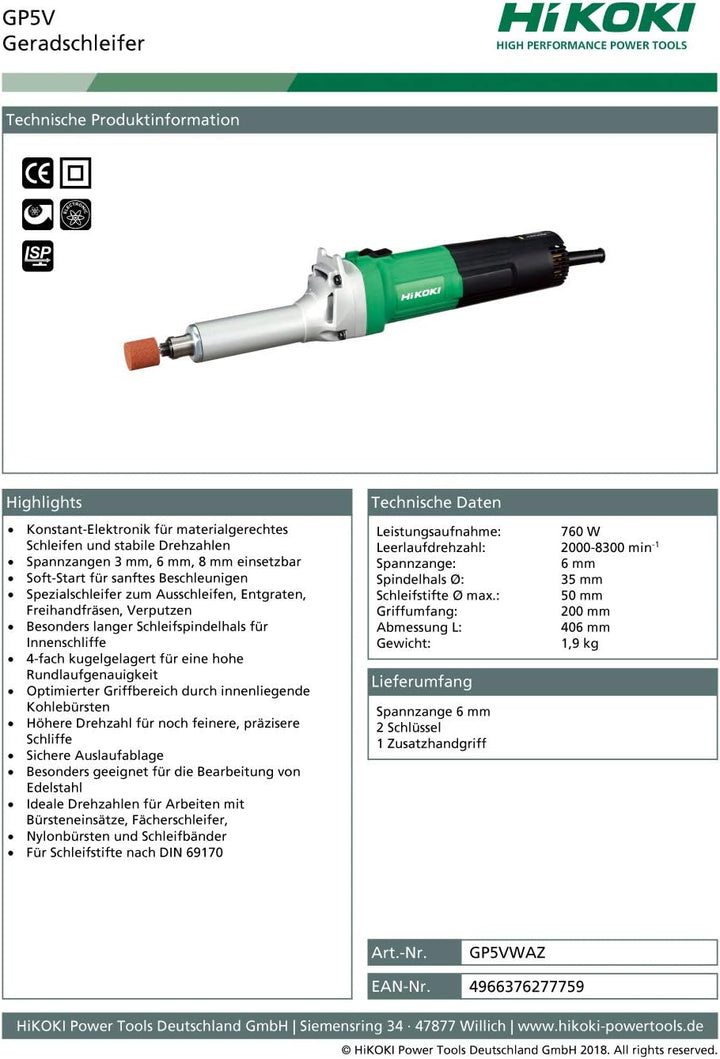 HIKOKI Gradschleifer, GP5V (im Karton) (Leerlaufdrehzahl 2.00-8.300/min-1, Spannzange 6mm) (760W) 24