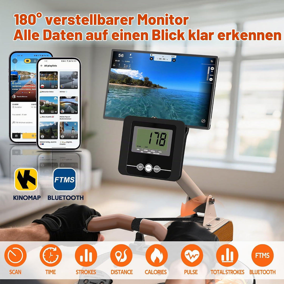 Rudergerät für Zuhause Klappbar: Bluetooth Rudergerät Wasser mit Verstellbarem Tablethalter - 98% Vo