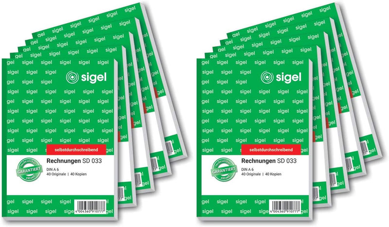 SIGEL SD033/10 Rechnungen, A6, 2x40 Blatt, selbstdurchschreibend, 10er Pack 10 Stück á 40 Blatt ohne