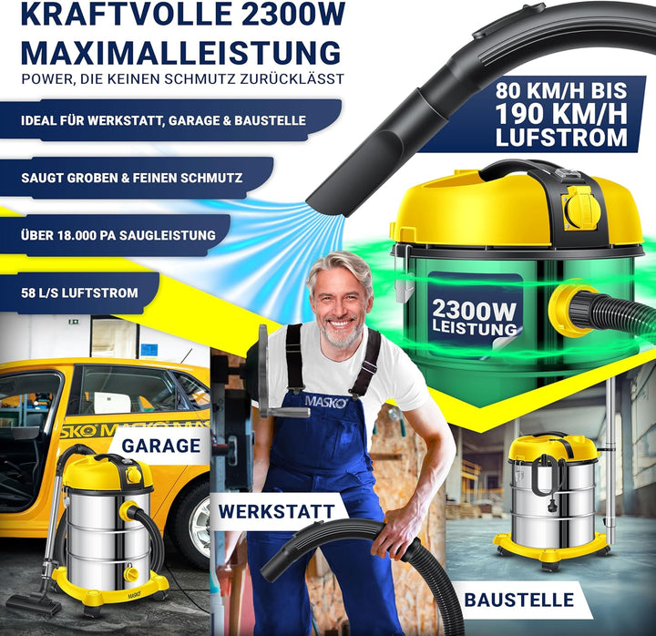 MASKO® Industriestaubsauger Staubsauger Nass Trocken Sauger Edelstahl 2300W + Steckdose | Blasfunkti