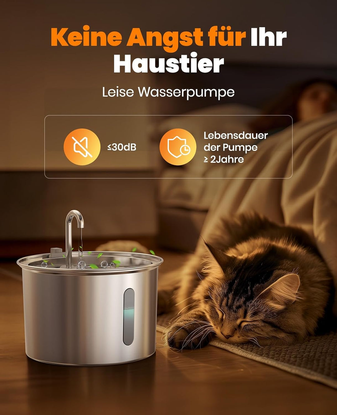 oneisall Katzenbrunnen Edelstahl, 2L Trinkbrunnen für Katze, Extrem Leiser Katzen Trinkbrunnen mit W