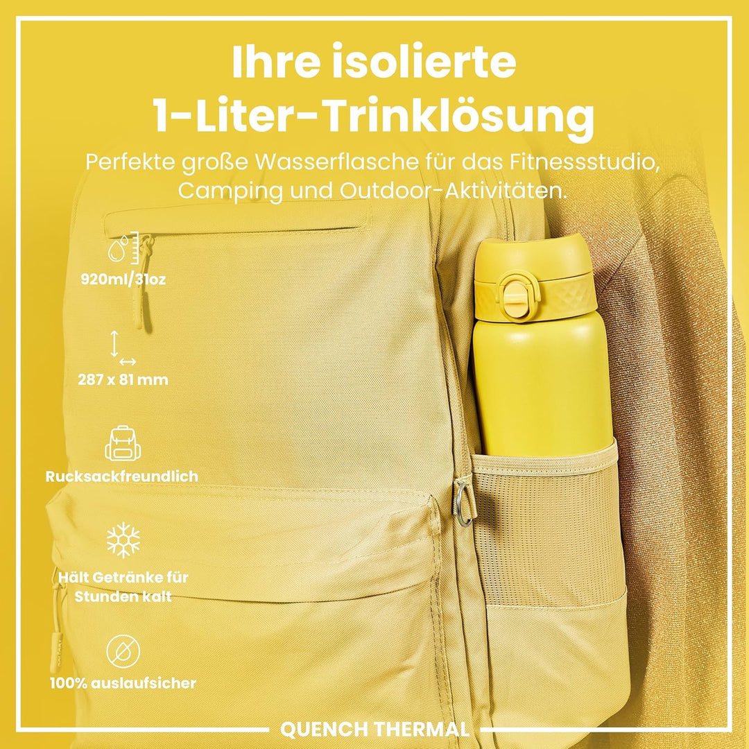 Ion8 Vakuumisolierte Edelstahl-Trinkflasche, 1 Liter, 920 ml, Auslaufsicher, Einhandöffnung, Sichere