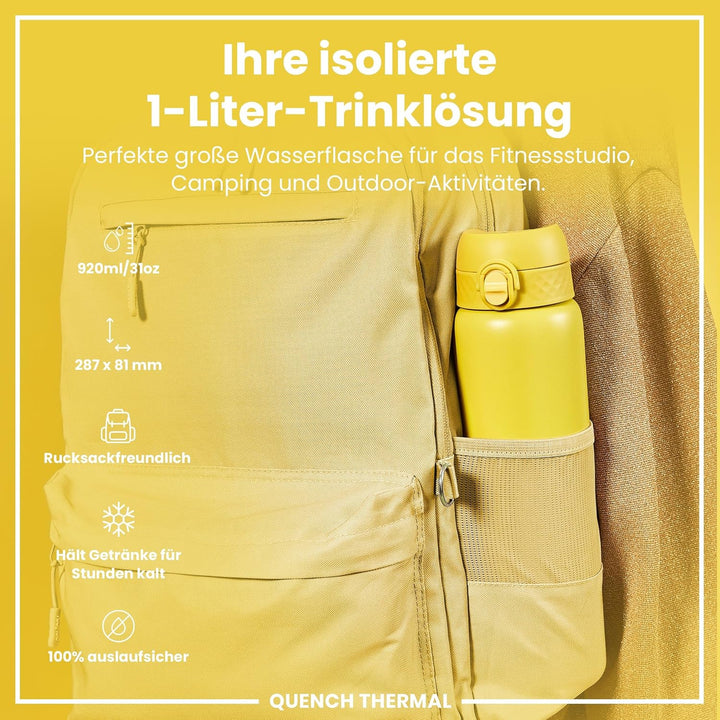 Ion8 Vakuumisolierte Edelstahl-Trinkflasche, 1 Liter, 920 ml, Auslaufsicher, Einhandöffnung, Sichere