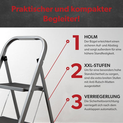 siwitec Klapptritt aus Stahl mit 2 Stufen, anthrazit, kleine Leiter mit Anti-Rutschmatten, 150 kg Tr