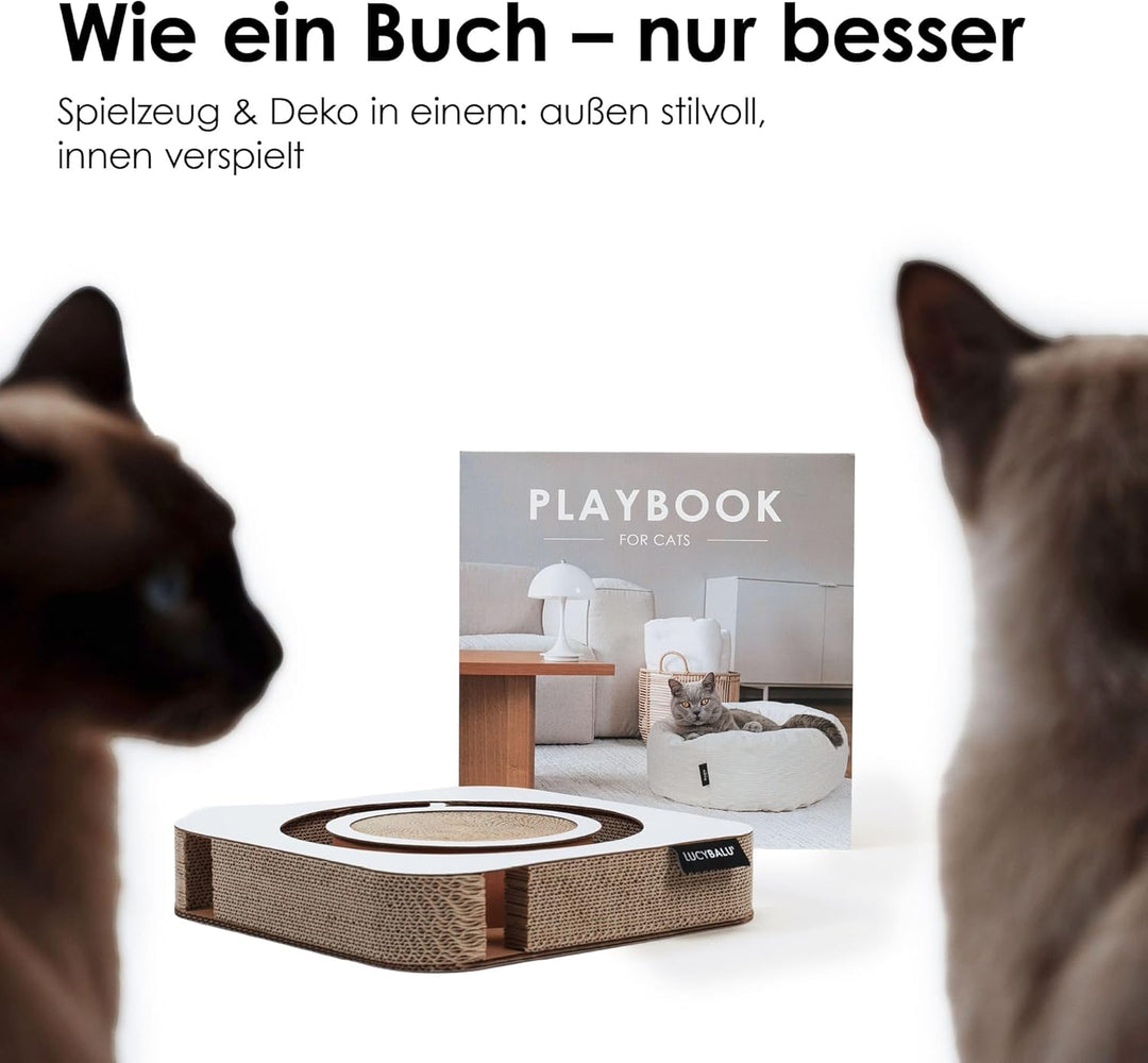 LucyBalu® Playbook Katzen Kratzbrett mit Ball | Fummelbrett | Katzenspielsachen aus Kratzpappe | Int