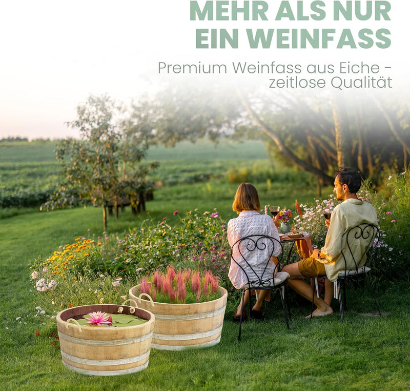 Temesso Holzfass, Kräuterbeet, Pflanzkübel Weinfass Fass halbiert mit Trageschlaufen (echtes Weinfas