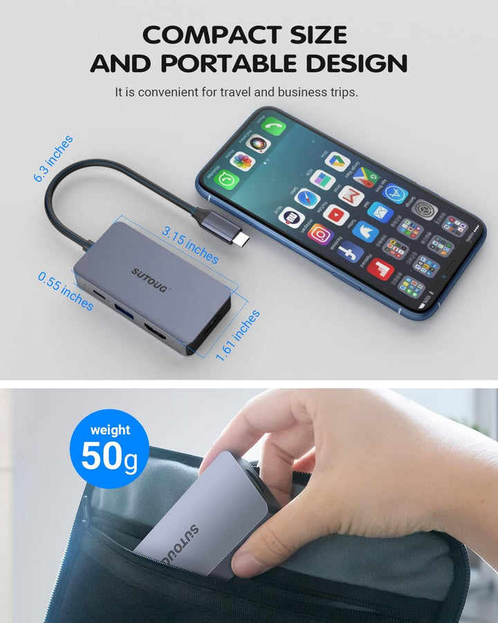 USB-C-Hub, SUTOUG-Dockingstation, 4-in-1-USB-C-Adapter mit zwei 4K-HDMI-Ports, 100-W-Power-Delivery-