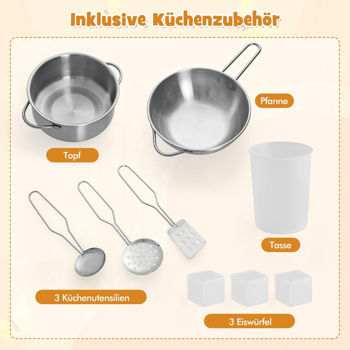 COSTWAY Kinderküche Holz, Spielküche mit Dunstabzugshaube, Spüle, Wasserhahn, Mikrowelle & Ofen, Spi
