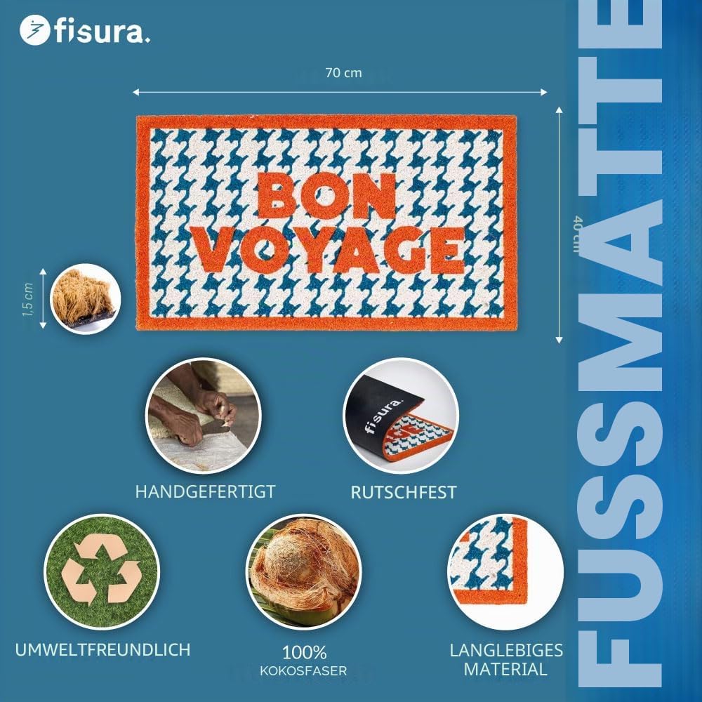 Fisura – Fussmatte “Bon Voyage” aus Kokosnuss mit Rutschfester PVC-Basis. Handbemalte Innenmatte in