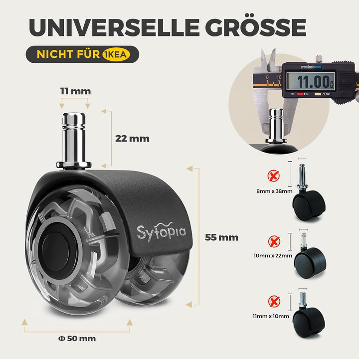 Sytopia Bürostuhl Rollen, 5er Set Rollen für Bürostühle, 11x22mm Hartbodenrollen für Bürostuhl Stuhl