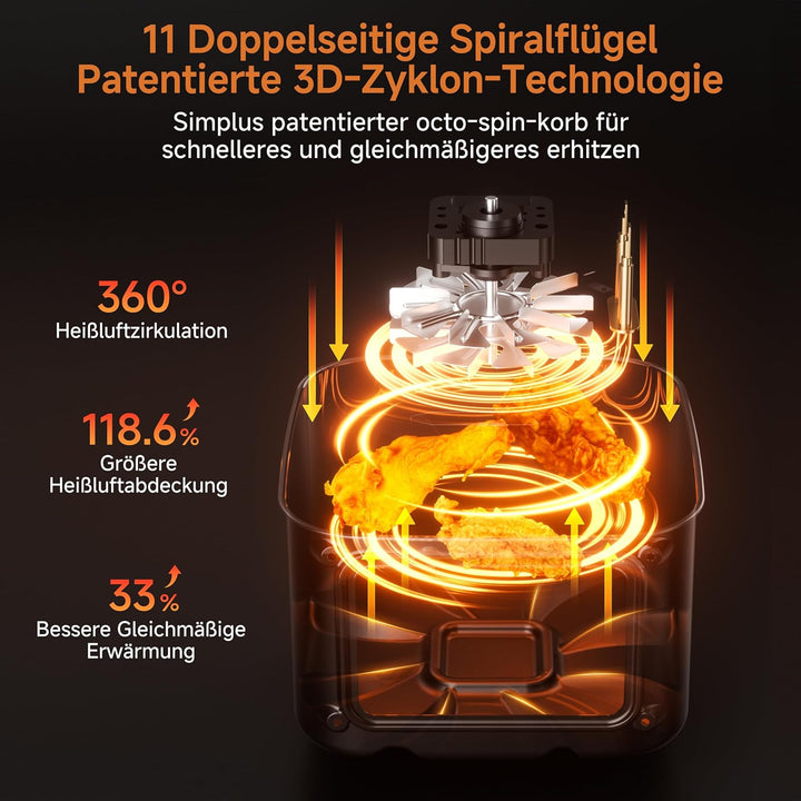 SIMPLUS Heissluftfritteuse 5L mit Sichtfenster, 1300W Airfryer, leise 43,2 dB, platzsparend, Heisslu