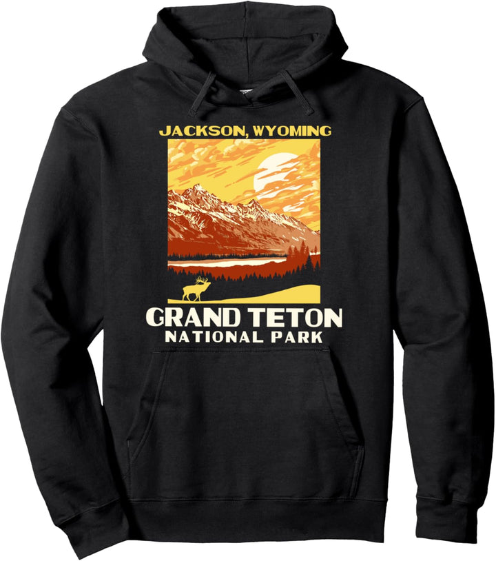 Grand Tetons National Park Jackson WY WPA Style Vintage Elk Pullover Hoodie