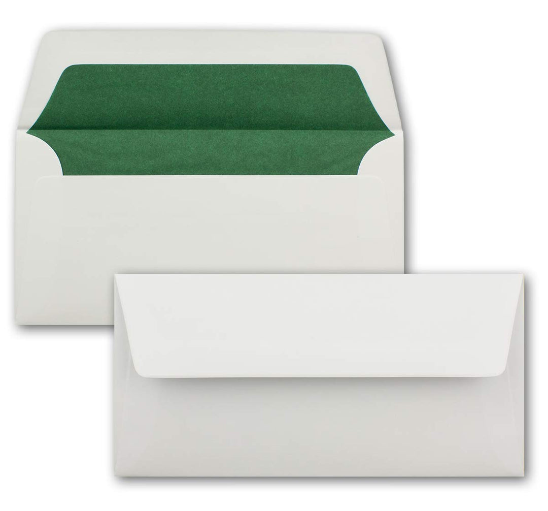 75 Briefumschläge Weiss - DIN Lang - gefüttert mit dunkelgrünem Seidenpapier - 22 x 11 cm - Nasskleb