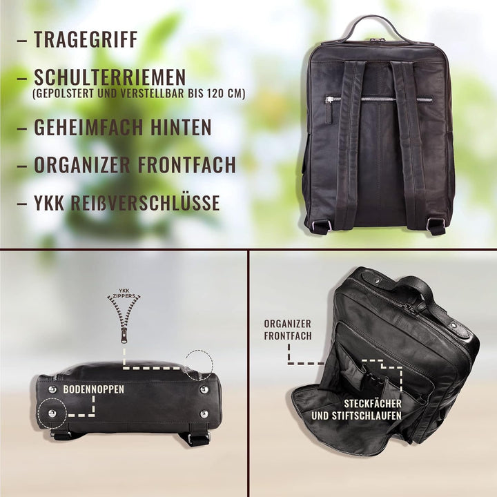Corno d´Oro Handmade Rucksack Herren Leder Gross mit Organizer-Fach I Premium XL Lederrucksack Damen